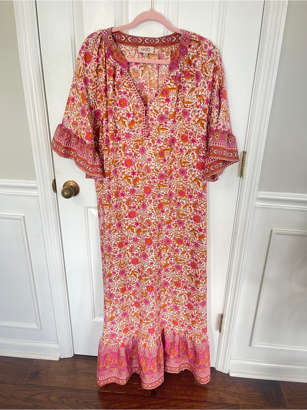 GiGio Size 1X Chiffon Oversized Plus Maxi Dress Boho Maximalist Orange Pink